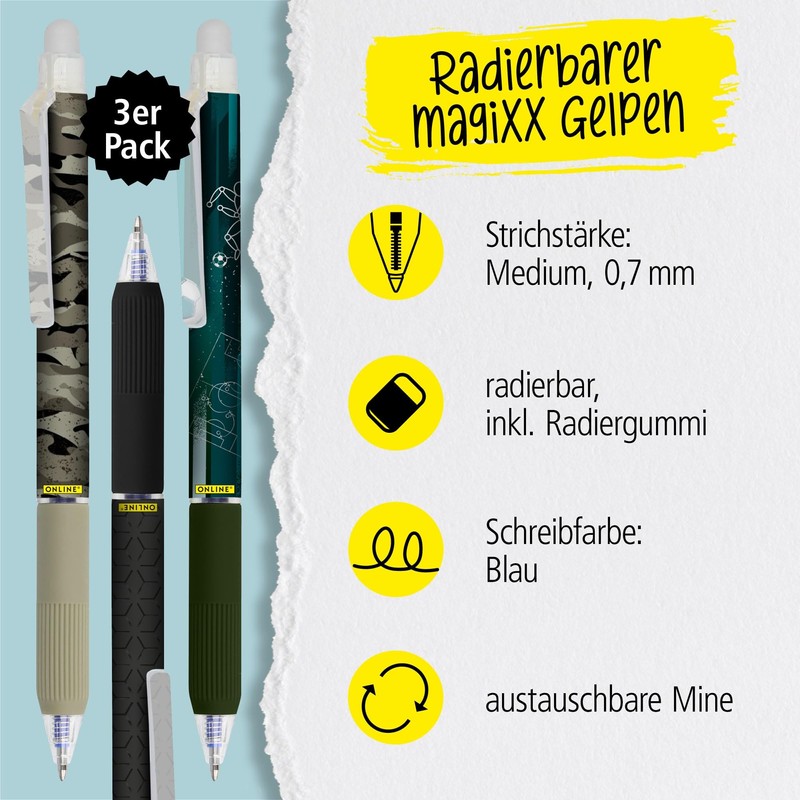 Online magiXX, 3 x Boys Erasable Gel Pen Blue Erasable