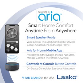 Lasko Smart Oscillating Tower Fan Powered by Aria, Wi-Fi Connected, Voice Controlled, Compatible with Alexa and Google Assistant, Timer, 5-Speeds, 40", White, T40735, Large