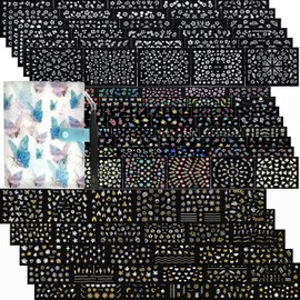 102 Sheets Nail Art Stickers & Storage Book,5200 Pieces 3D Self-Adhesive White Floral Nail Stickers with Rhinestones Designs, Multicolor Laser Gold Nail Decals for Women Girls DIY Manicure Decorations