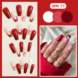 LPOODDNU Square Christmas Press on Nails Medium Length Fake Nails Red Christmas Acrylic Nails with Cute Santa Hat Heart Designs, Glossy Red French Tip Glue on Nails - 24Pcs Christmas False Nail Set