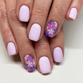 24Pcs Spring Summer Press on Nails Light Purple Fake Nails with Cute Flower Design Full Cover Glossy Acrylic Nails Flower Stick on Nails Short Square False Nails for Women Girls Spring Summer Nail Art