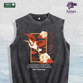 Crane Peony Kanji Washed Vest US Warehouse 3 Colors Cotton TankSize: L, Color: Gray