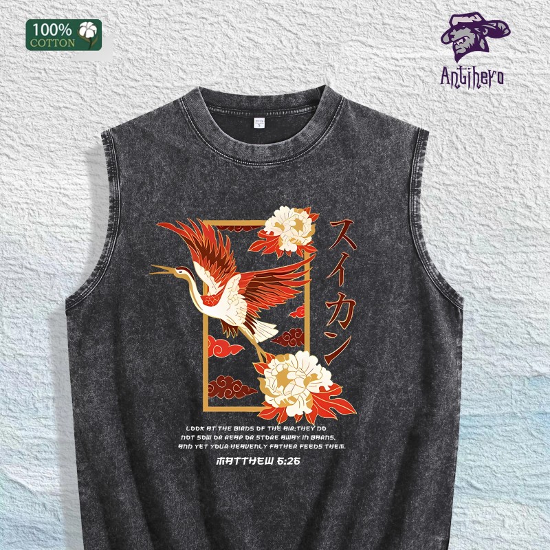 Crane Peony Kanji Washed Vest US Warehouse 3 Colors Cotton
