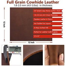 Genuine Leather Tooling Square 1.8-2.0MM Thick Genuine Top Full Grain Oil Tan Crazy Horse Cowhide Leather Sheets for Crafts Tooling Sewing Wallet Earring Hobby (Dark Brown, 12"x12")
