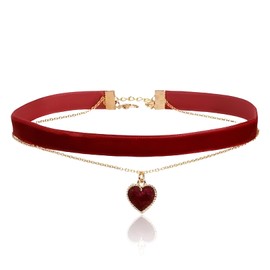 Choker Necklace Women's Red, Red Collar Jewellery for Queen of Hearts Costume, Gothic Velvet with Heart, 90s Collar, Women's Necklace, Layered Choker Necklace, for Valentine's Day, Carnival, Cosplay,