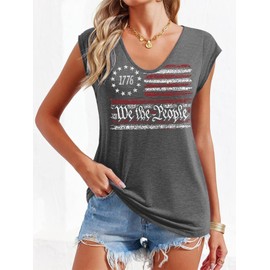 Deranex 4th of July Shirt Women We The People 1776 Tank Top American Flag Sleeveless Shirt P5 S