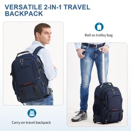SWICKY RICOOI Backpack with wheels,rolling backpack with 2 Packing Cubes and compression bags,Laptop Compartment,Water Resistant Luggage suitcase,Air Travel,Weekend Trips (Blue)