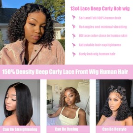 Lace Front Wigs Human Hair Pre Plucked 8 Inch Short Curly Bob Human Hair Wigs for Black Women Human Hair Glueless 13x4 HD Lace Frontal Closure Deep Curly Wig Perruque Femme Humain Naturel