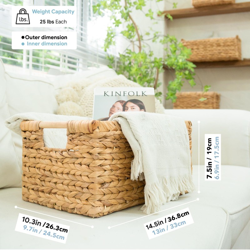 VATIMA Large Rectangular Wicker Basket with Wooden Handles for Shelves