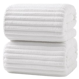 XIQ 39x79 Inches Extra Large Bath Sheets Towels for Adults Super Soft Luxury Ultra Absorbent Striped with Hanging Loop Microfiber Shower Towels (White,2PCS)