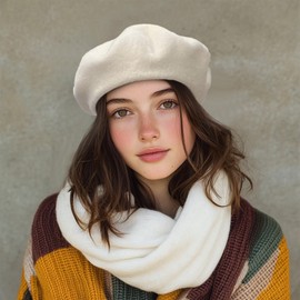 Clakllie French Artist Beanie Beret Women Beret Hat French Wool Beret Beanie Cap Classic Solid Color Autumn Winter Hats,White