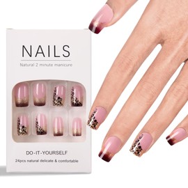 Ladiery French Press on Nails Medium Square, Leopard Reusable lightweight Fake Nails with Glue Tool Kit for Weddings Festival Vacation Gift 24PCS