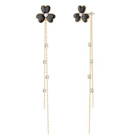 Clearine St Patricks Day Shamrock Earrings Long Tassel Enamel Crystal Drop Dangle Earrings Holiday Jewellery Gift for Women Girls Black Gold-Tone