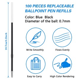 JANYUN 100 Pieces Ink Pen Refills Replaceable, 0.7mm Black Ballpoint Pen Refills 5.5 Inch in Length Black Ink Refills Smooth Writing Pen Refills for Journal Writing Office School Supplies