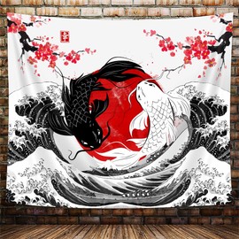 NYMB Japanese Anime Tapestry, Black and White Yin Yang Koi Fish Tapestry for Bedroom Aesthetic, Asian Wave Cherry Blossom Tapestries Poster Beach Blanket College Dorm Home Decor, 71X60in