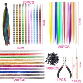 60 Piece Colourful Hair Extensions Set, Art Hair Extensions Hair Strands Children, Hair Accessories Colourful Hair Strands Children, Hair Accessories Hairpiece Pliers Hook with 100 Beads Ponytail