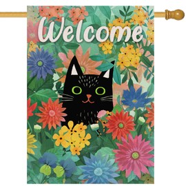 Dyrenson Welcome Spring Black Cat Decorative House Flag, Kitty Garden Yard Lawn Daisy Pansy Red Blue Flower Floral Outside Decoration, Summer Seasonal Farmhouse Outdoor Large Burlap Porch Decor 28x40