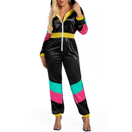 Yisfri Womens 80's 90's Outfits Neon Jumpsuits Vintage Party Track Suit Color Block Romper (Black, M)