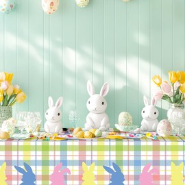 OQOQ Plaid Easter Tablecloth (3 Packs) -108x54 inches Spring Easter Table Cloth Colourful Happy Bunny Disposable Waterproof Table Cover for Party Decoration Picnic Dinning Table Decor
