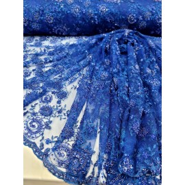 Divastyletextiles Royal Blue Floral Sequins Beaded Lace  Fabric By The Yard For Dress Prom Bridal