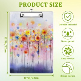 Watercolor Floral Clipboard,Decorative Acrylic Clipboard with Low Profile Metal Clip for Office,School,Teachers,Students Standard Letter Size 9x12.5