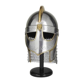 Deco 79 Metal Medieval Knight Crusader Helmet with Black Wood Stand and Chainmail, 9" x 11" x 17", Silver