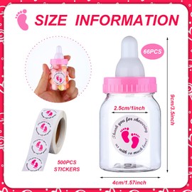 62 Pcs 3.5 Inch Baby Mini Milk Bottle Baby Shower Favor with 500 Adhesive Thank You for Showering Stickers, Small Plastic Candy Bottle DIY Gift for Boy Girl Newborn Baptism Party Decor (Pink)
