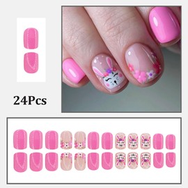 24 Pcs Pink Easter Press on Nails Short Square Fake Nails with Glue Spring Flower False Nails with Cute Bunny Design Easter Nails Acrylic Nails Press ons Glossy Holiday Glue on Nails for Women Girls