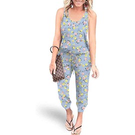 PCEAIIH Women's One Piece Jumpsuit Casual Loose Sleeveless Tank Overalls Elastic Waist Stretchy Romper with Pockets S Yellow Pink Flower
