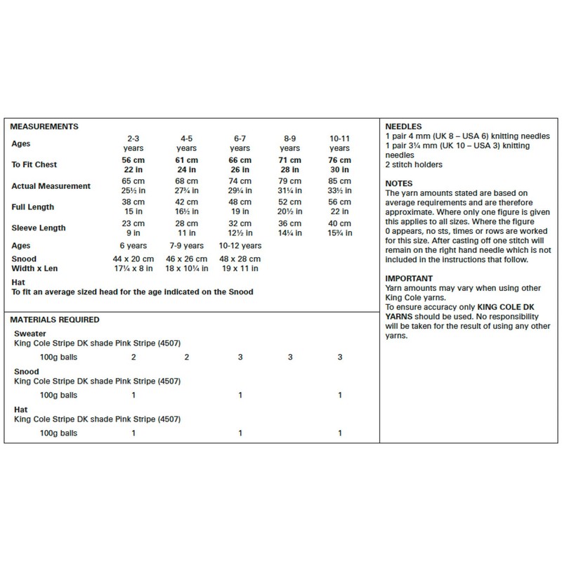 King Cole 5594 Knitting Pattern Childs Sweater Snood and Hat