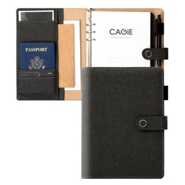 CAGIE A5 Personal Notebook, 6 Holes, Ring, Inner Diameter: Approx. 1.0 inches (25 mm), Magnet Type, Binder, Memo, 4.2 oz (120 g), Thick Paper, Indexed, PU Leather, Business Notebook, Card Storage, Pen Holder, Black