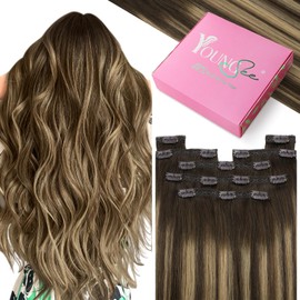 YoungSee #4/27/4 Real-Hair Extensions Clip-In Ombre Dark Brown Ombre Caramel Blonde 55 cm Thick Hair Extensions Real Hair Remy for Women 150 Grams