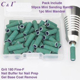 C & I Nail Drill Bits 50pcs Mini Sanding Bands & 1pc Mini Mandrel Acrylic Gel Nails Remove Fake Nails Shaping Cuticle & Nail Prep Function Nail Supplies for Nail Techs (180 Fine-F,Green)