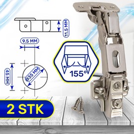Door Hinge for Cabinet Doors with Opening Angle 155° - with Soft-Close Clip-On System - Mounting Hinge for Cabinet Doors H=0 Diameter 35 mm - Includes 2 Screws - Warranty 10 Years - MONTERAL