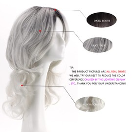 RENERSHOW Ombre Gray Wave Curly Wigs for Women Long Sliver Grey Wavy Wig Synthetic Wig