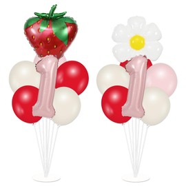 FYSUIMU 2 Sets Berry First Birthday Party Balloons Stand Kit Strawberry 1st Party Table Centerpieces with 32" Pink One & Strawberry Daisy Foil Balloons for Girl Sweet One Birthday