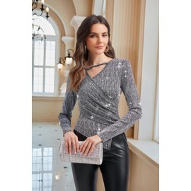 PEIQI Long Sleeve Sequin Tops for Women V Neck Glitter Sparkly Blouse for Party Night Cocktail Evening Shirts Silver Medium