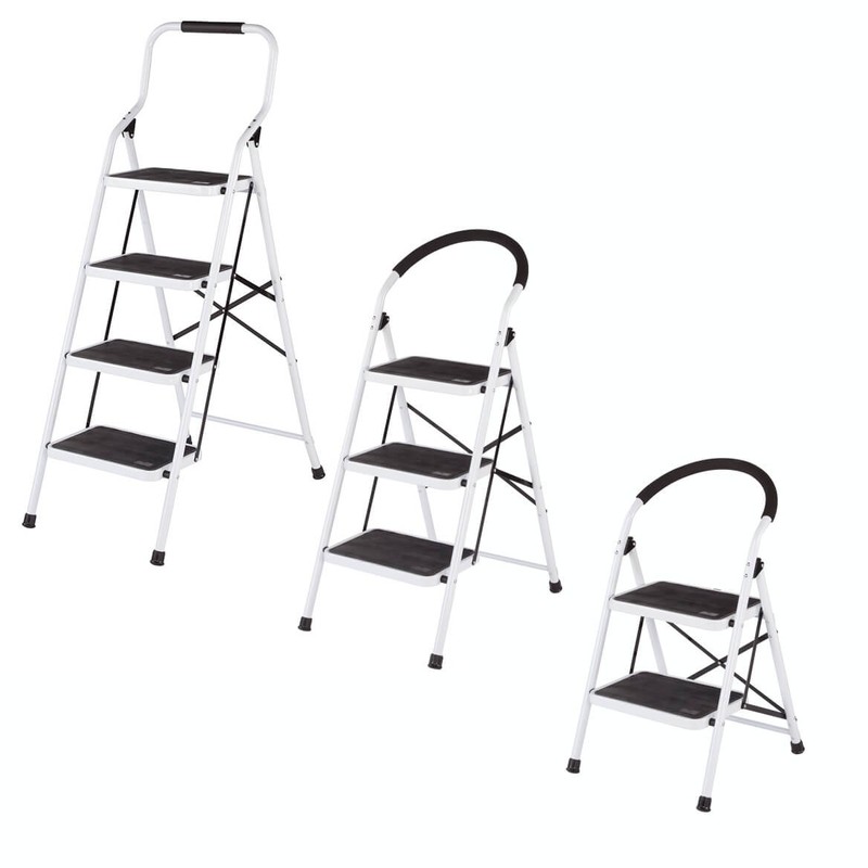 LivingSURE 3 Step Ladder Stool Combo with Handgrip, Anti-Slip Folding
