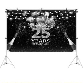 Ticuenicoa 5x3ft Celebrating 25 Years of Marriage Backdrop Black and Silver Balloons Happy 25th Anniversary Backdrops Cheers to 25 Years of Marriage 25th Birthday Party Supplies Decorations Banner