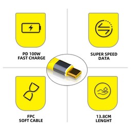 cablecc Yellow Type-C USB-C Male to Male USB4 40Gbps 100W 8K Flat Slim FPC Data Cable for Laptop & Phone 13cm