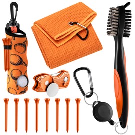 Liliful 12 Pcs Golf Accessories Kit, Include Golf Ball Bag with Hook Towel Tees Magnetic Ball Marker Divot Tool Cleaner Brush for Women Man Gifts (Orange)