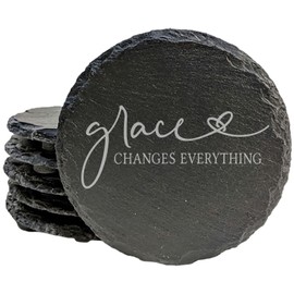 Faith and Hope: Laser Etched "Grace Changes Everything" Coasters: Inspirational Message - Round Slate - set of 5