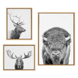 Kate and Laurel Sylvie Sylvie Bison Portrait Black and White, Stag Profile, and Moose Framed Canvas Wall Art Set by Amy Peterson Art Studio, 3 Piece Set Natural, Black and White Animal Art for Wall