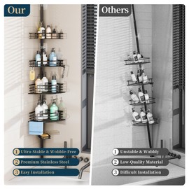 Consumest Corner Shower Caddy Tension Pole - Rustproof Shower Shelves with Towel Bar & Soap Holder, Adjustable Bath Organizer for Bathroom Storage, 27.6-108.3 inch, Black