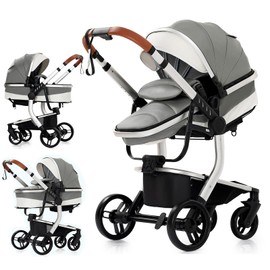 PU Leather 2 in 1 Baby Bassinet Stroller, Convertible Foldable Standard Stroller, Reversible Pushchair Infant Carriage, Portable High Landscape Pram for Toddler Newborn, Aluminum Alloy (2US518-Grey)