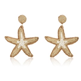 RUOFFETA Raffia Starfish Earrings, Raffia Straw Wrapped Starfish Drop Dangle Earrings Summer Tropical Beach Jewelry(Beige B)