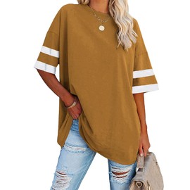Fisoew Womens Oversized Tees Loose T Shirts Half Sleeve Crew Neck Color Block Cotton Tunic Tops Brown