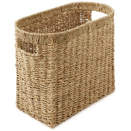 Casafield Woven Magazine Holder with Handles, Natural - Seagrass Storage Basket for Bathroom, Living Room, Home Office