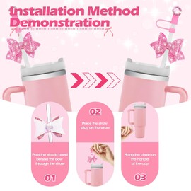 6 PCS Bling Straw Cover, Cute Bow Ties and Crystal Prism Chain Charms, Sparkling Crystal Toppers, for 30&40 0z Tumbler with Handle,10mm 0.4in Straw Lid Cap(Pink)