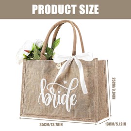 AXVRAV Bride Jute Tragetasche Braut Tasche mit Schriftzug Bride & Weißem Schleifenband, Brauthandtasche für Hochzeit JGA Team Bride Accessoires Brautdusche Junggesellenabschied Geschenk